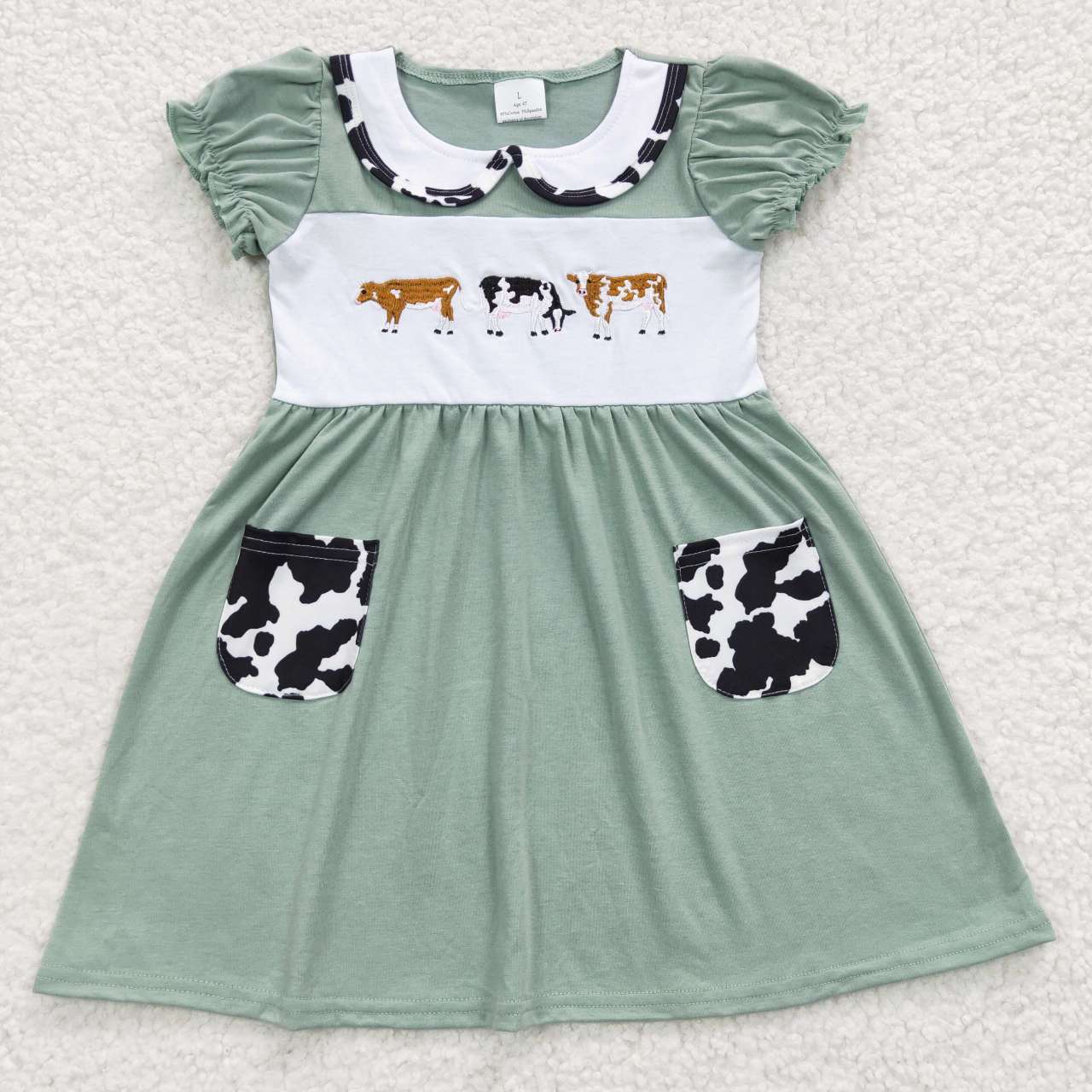 GSD0347 Green Cow Embroidery Pockets Girls Short Sleeve Dresses