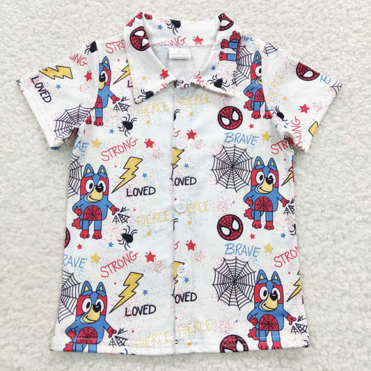 BT0223 Strong Blue Dog Red Cartoon Boys Short Sleeve Top Collar T-Shirts