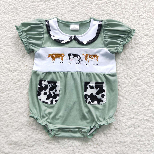 SR0373 Green Cow Print Embroidery Girls Sleeveless Romper