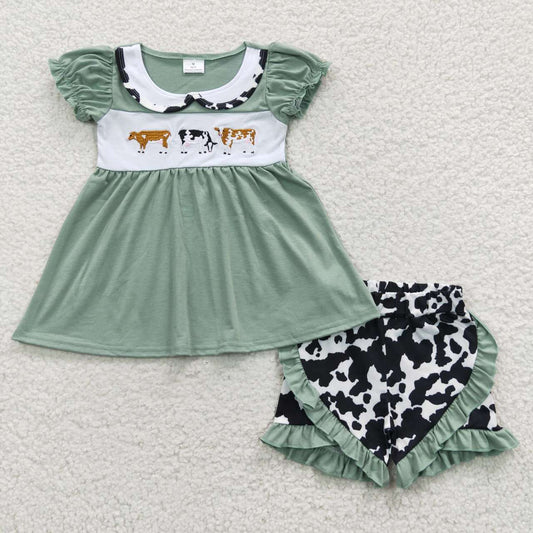 GSSO0305 Green Cow Print Embroidery Girls Short Sleeve Shorts Outfits