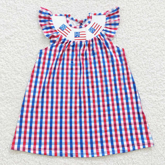 GSD0387 4th Of July Blue Red Flag  Embroidery Girls Short Sleeve Dresses