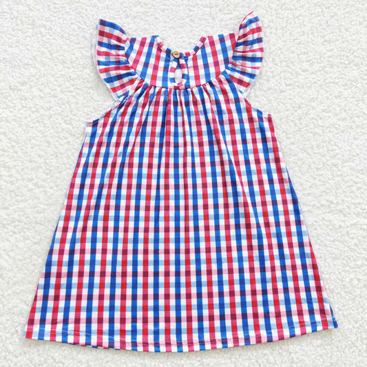 GSD0387 4th Of July Blue Red Flag  Embroidery Girls Short Sleeve Dresses