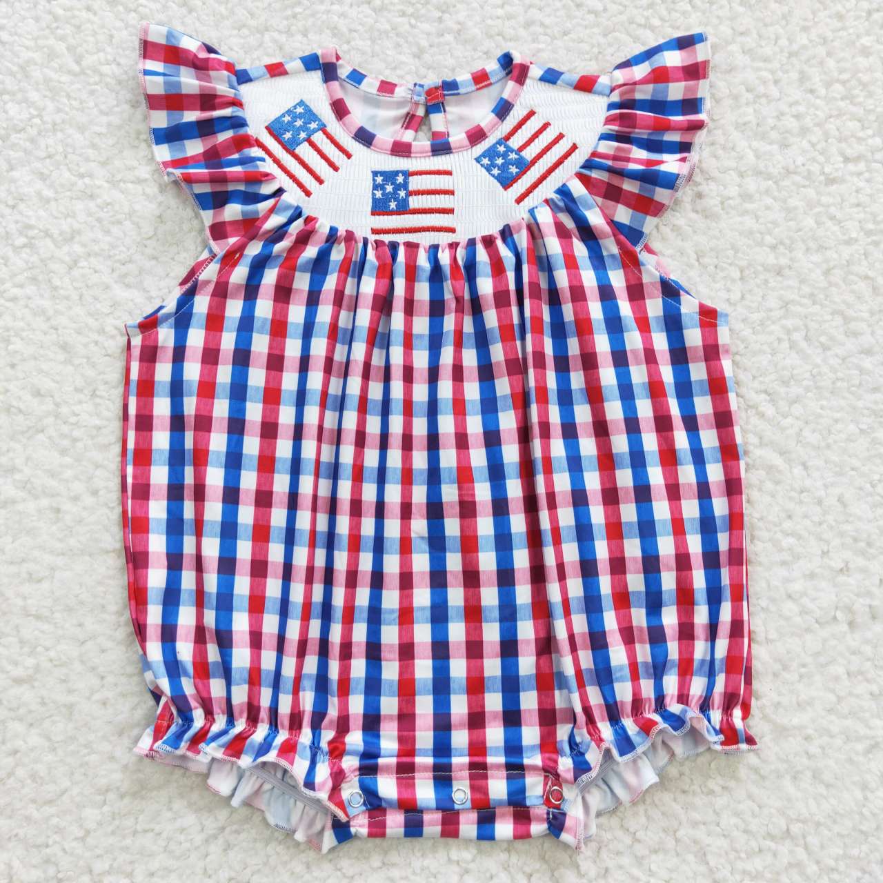 SR0388 4th Of July Blue Red Flag  Embroidery Girls Short Sleeve Romper