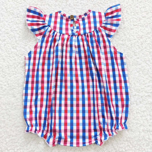 SR0388 4th Of July Blue Red Flag  Embroidery Girls Short Sleeve Romper