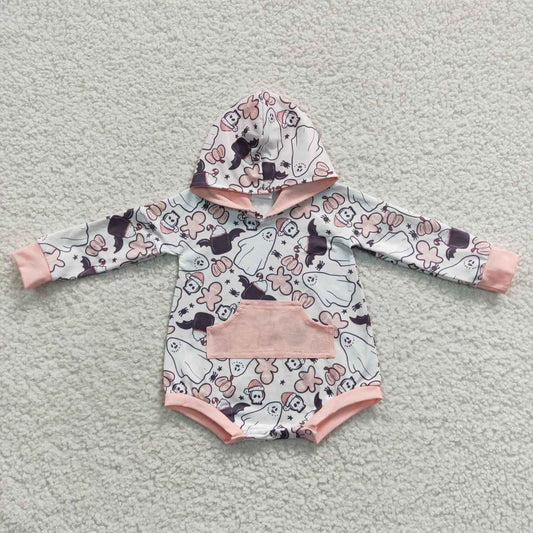 LR0275 Halloween Pink Grey Orange Bat Ghost Cartoon Hoodies Girls Long Sleeve Romper