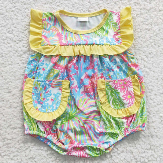 SR0391 Yellow Tie Dye Pockets Girls Short Sleeve Romper