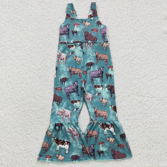 SR0371 Blue Green Cow Girls Sleeveless Jumpsuit Overall Pants