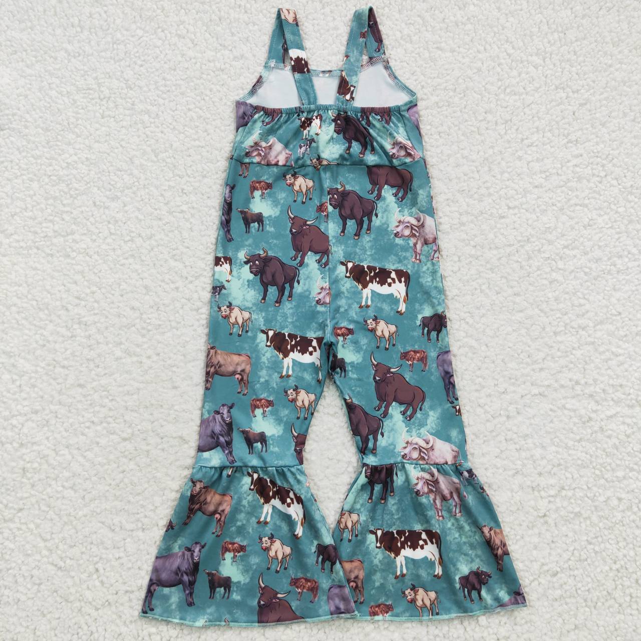 SR0371 Blue Green Cow Girls Sleeveless Jumpsuit Overall Pants