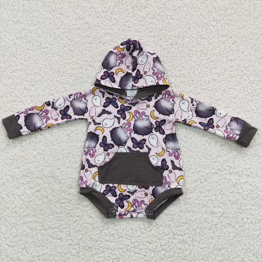 LR0274 Halloween Pink Grey Orange Bat Ghost Cartoon Hoodies Girls Long Sleeve Romper