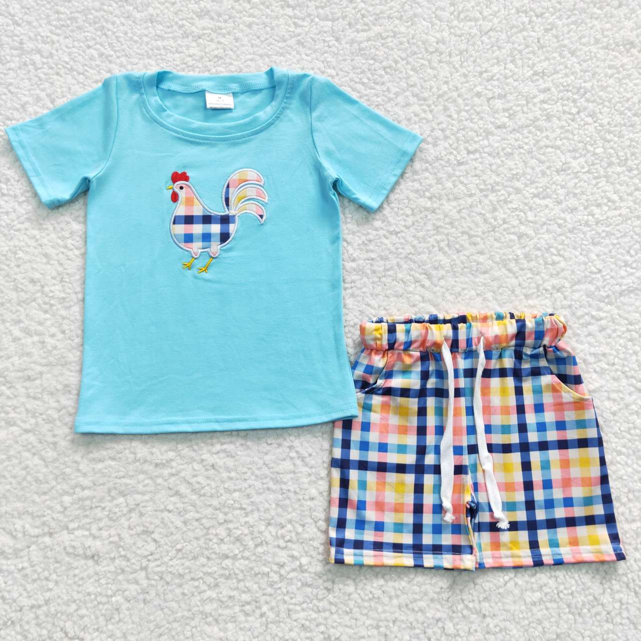 BSSO0270 Blue Plaid Chichken Embroidery Boys Short Sleeve Shorts Outfits