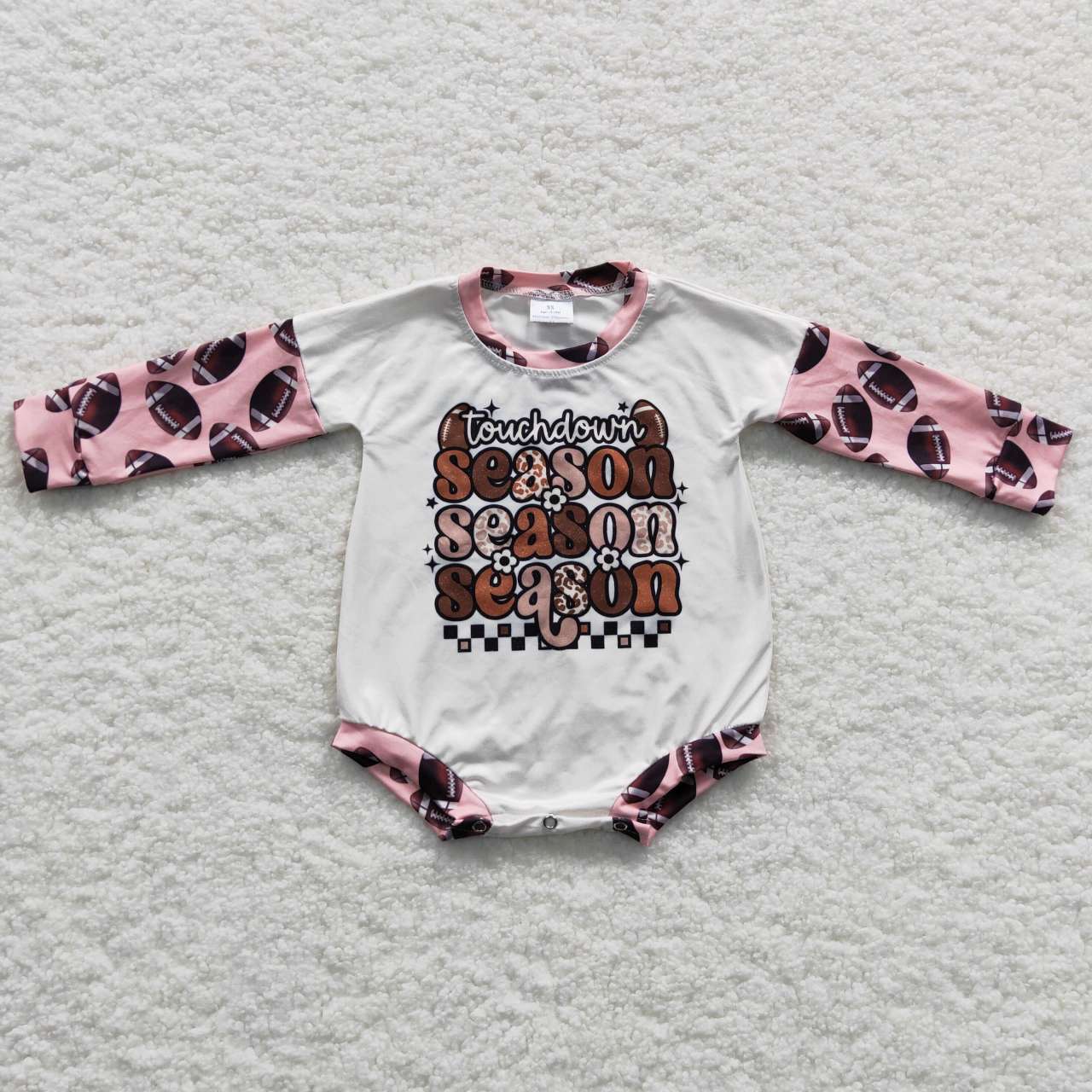 LR0280 Pink Football Touch Down Swason Girls Long Sleeve Romper