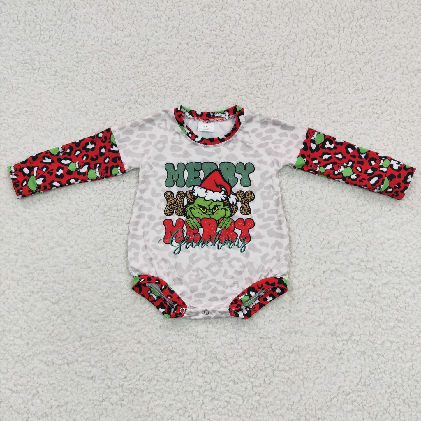 LR0279 Merry Christmas Red Green Leopard Cartoon  Girls Long Sleeve Romper