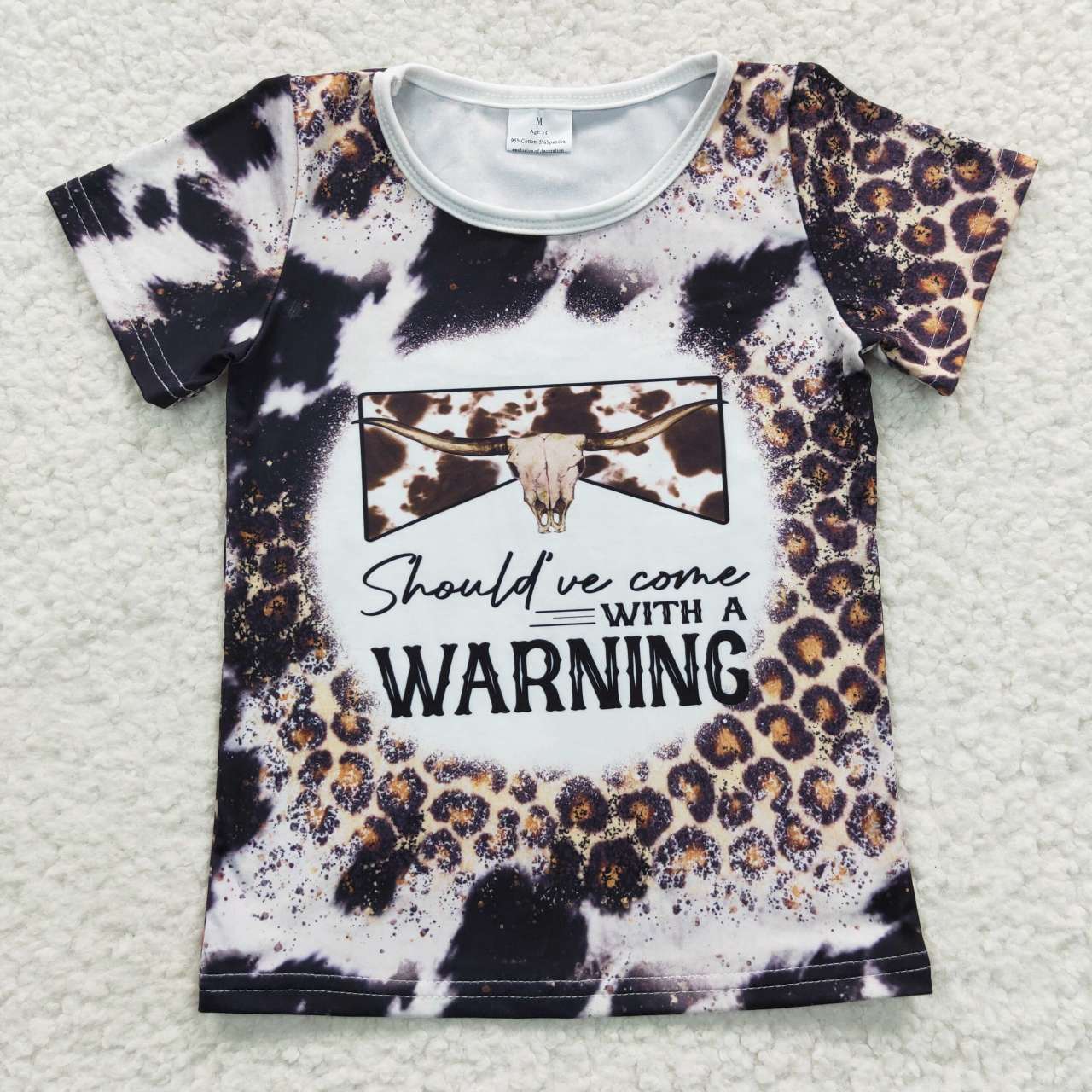 GT0194 Warning Cow Black Leopard Girls Short Sleeve Top T-shirts