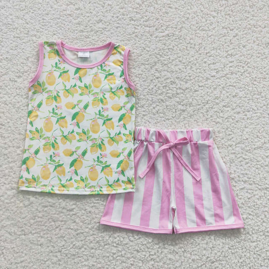 GSSO0322  Pink Yellow Lemon  Girls Sleeveless Shorts Outfits