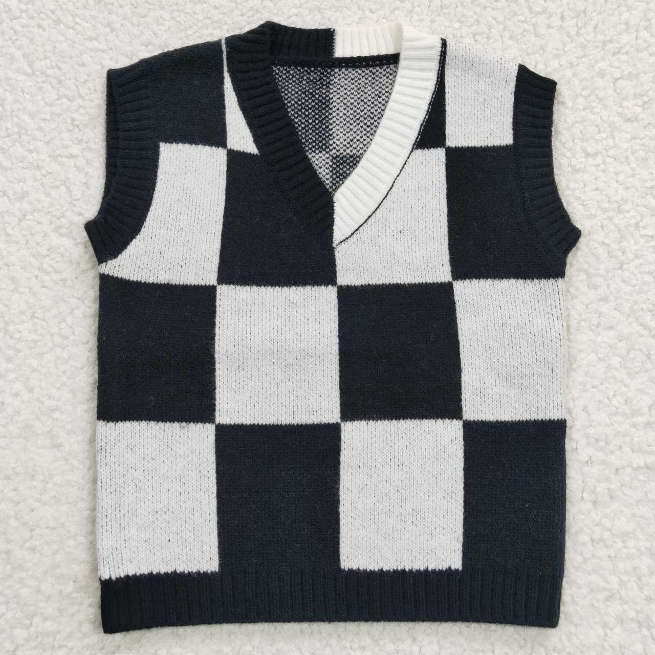 GT0187 Black White Plaid Girls Boys Short Sleeve Sweater