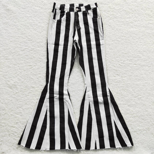 P0121 Adult Black White Striped Girls Bell Pants Denim Jeans