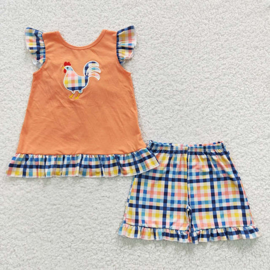 GSSO0313 Orange Plaid Bow Chichken Embroidery Boys Short Sleeve Shorts Outfits