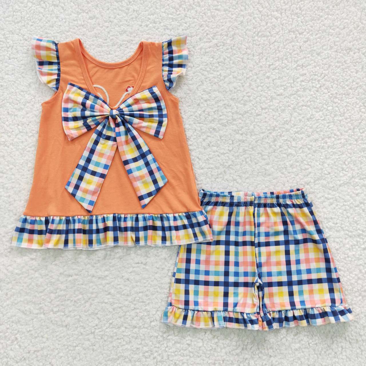 GSSO0313 Orange Plaid Bow Chichken Embroidery Boys Short Sleeve Shorts Outfits