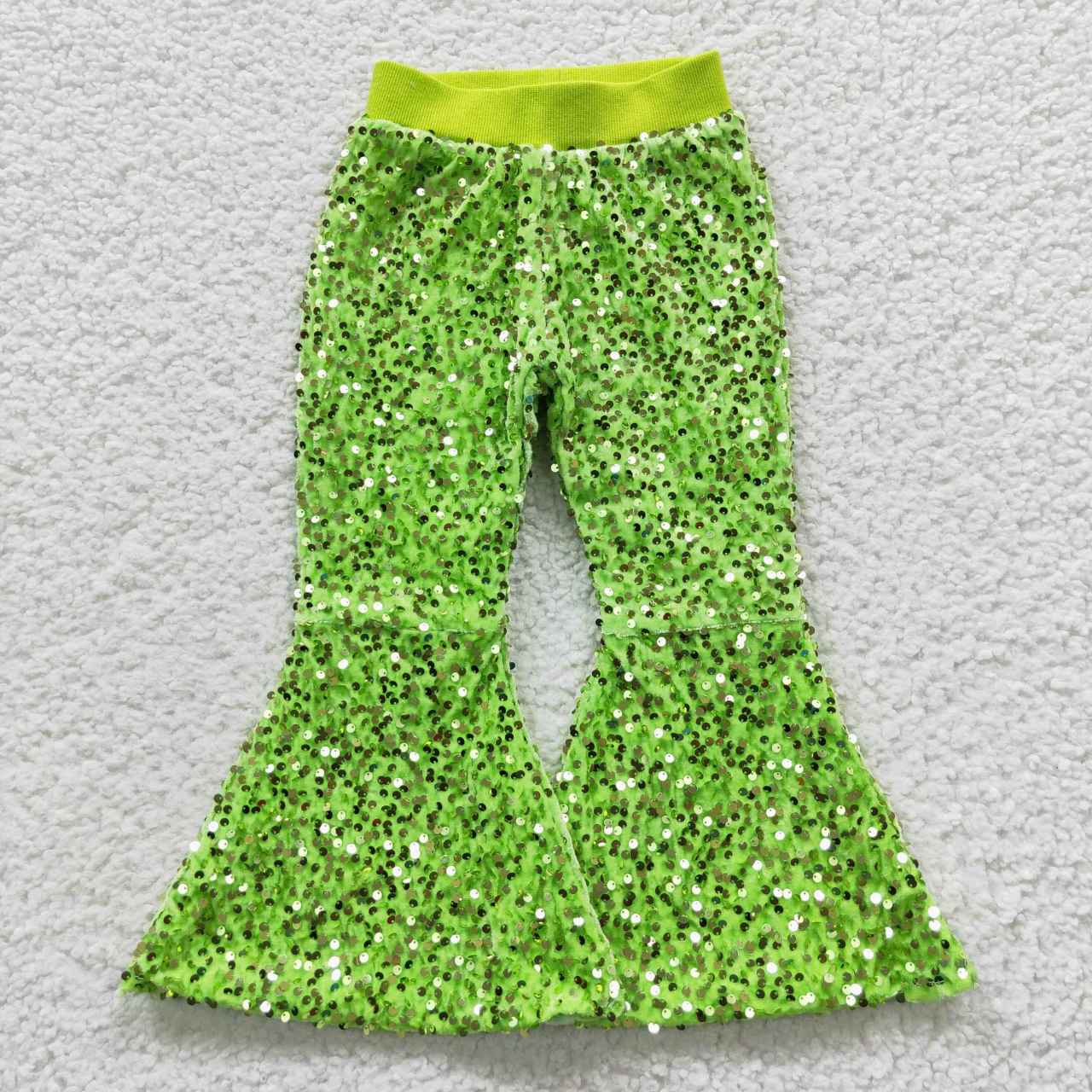 P0148 Green Sequin Bell-bottom Kids Long Pants