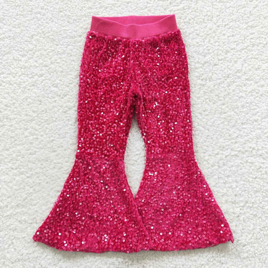 P0112 Pink Sequin Bell-bottom Kids Long Pants