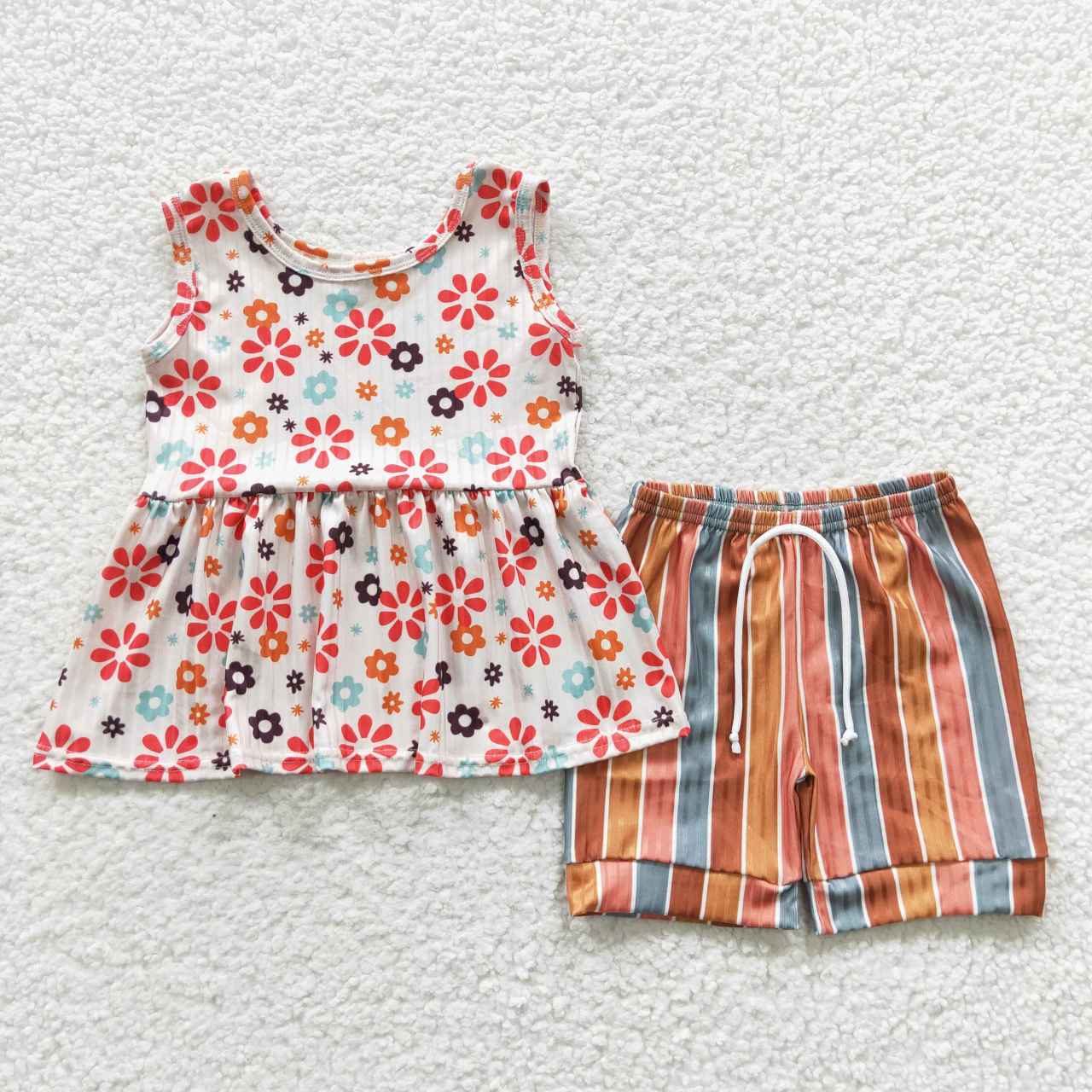 GSSO0339 Orange Floral  Girls Sleeveless Shorts Outfits