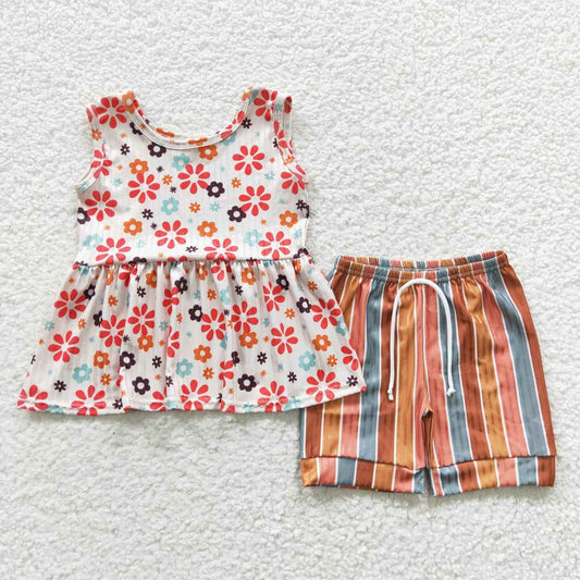 GSSO0339 Orange Floral  Girls Sleeveless Shorts Outfits