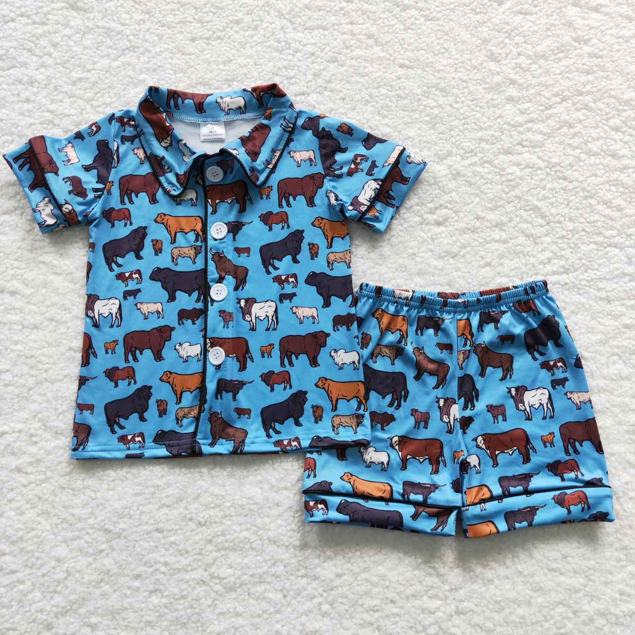 BSSO0276 Blue Cow Western Collar Boys Short Sleeve Shorts Outfits Pajamas