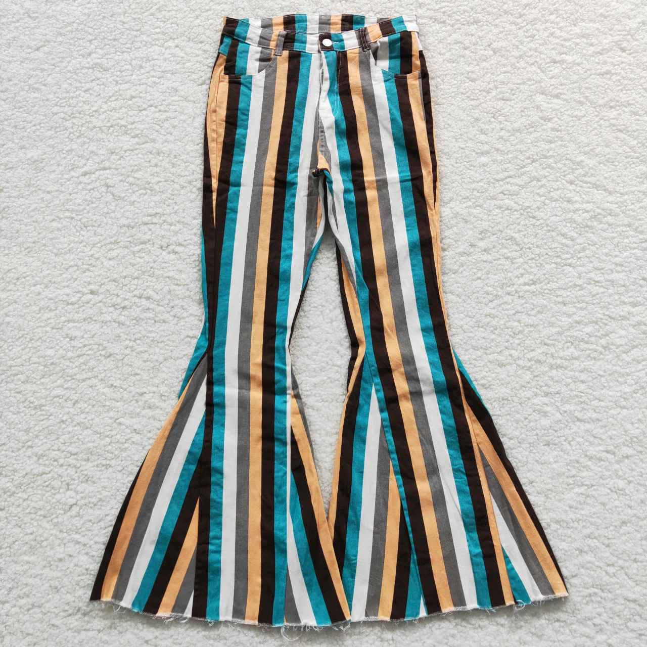 P0009 Adult Blue White Orange Grey Striped Girls Bell Pants Denim Jeans