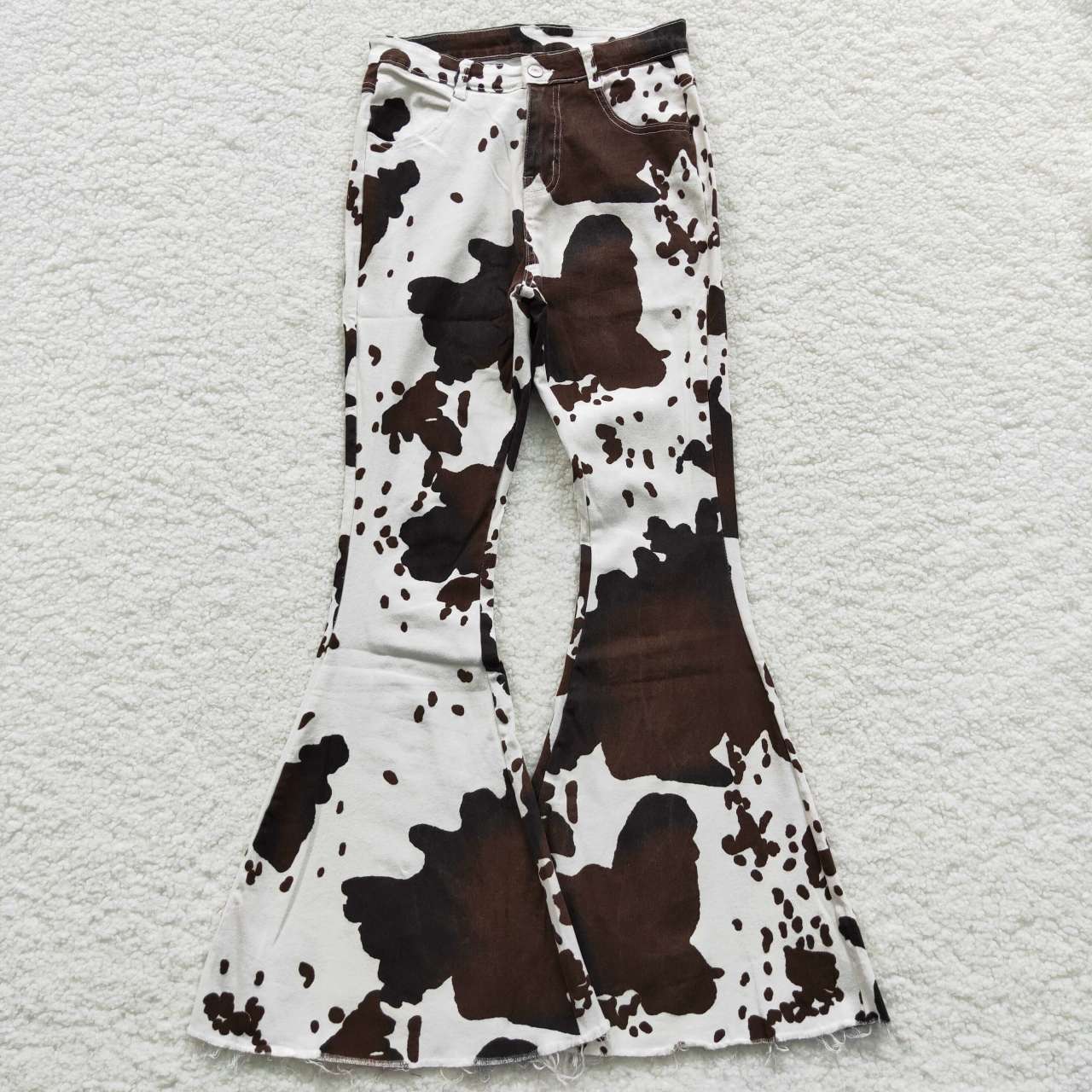 P0120 Adult Brown Tie Dye Cow Print  Girls Bell Pants Denim Jeans