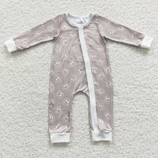 LR0310 Grey Smile Emoji  Zipper Girls Long Sleeve Romper