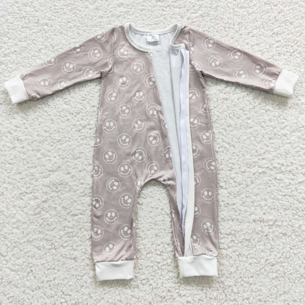 LR0310 Grey Smile Emoji  Zipper Girls Long Sleeve Romper