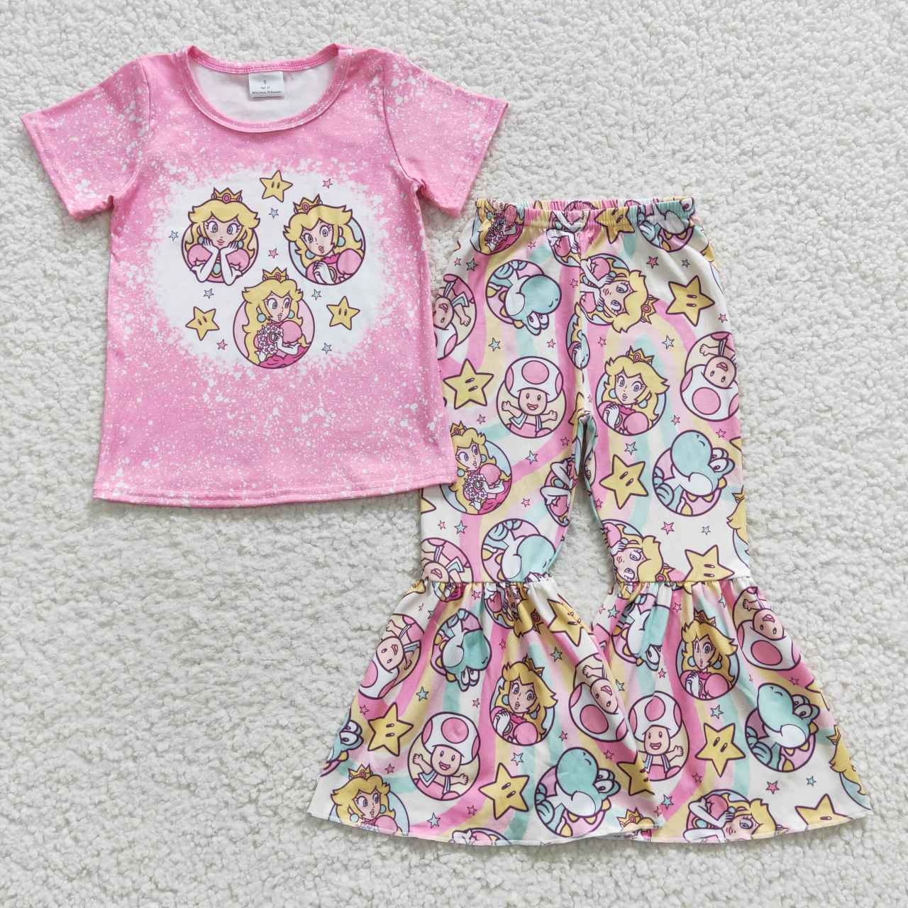 GSPO0651 Pink Cartoon Princess Girls Short Sleeve Bell Bottom Pants Outfits