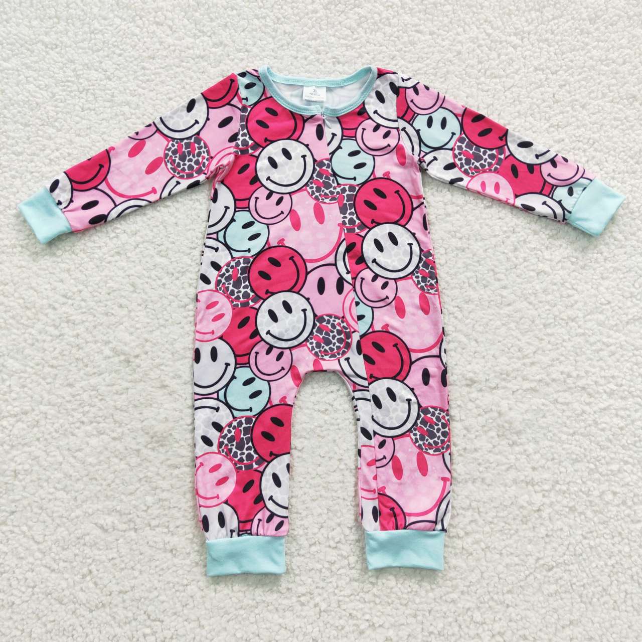 LR0302 Pink Smile Emoji  Zipper Girls Long Sleeve Romper