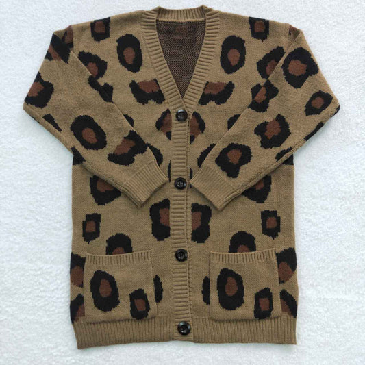 GT0189 Leopard Print Girls Long Sleeve Cardigan Sweater