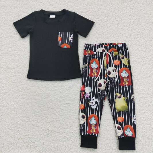 BSPO0105 Halloween Black Red Ghost Cartoon Boys Short Sleeve Pants Outfits