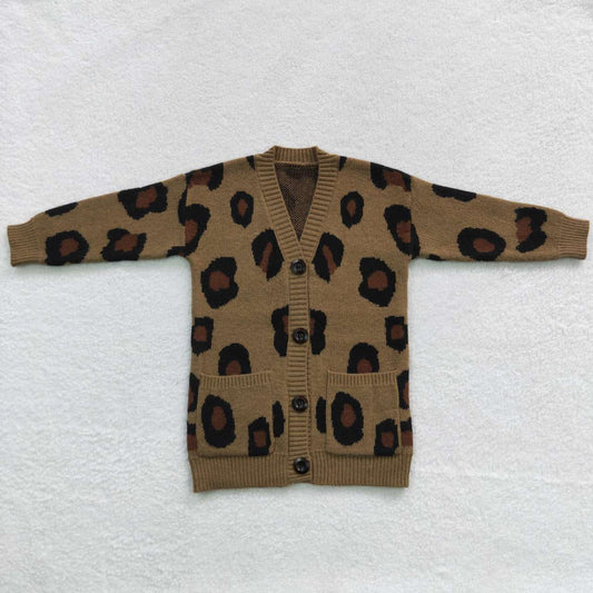 GT0189 Leopard Print Girls Long Sleeve Cardigan Sweater