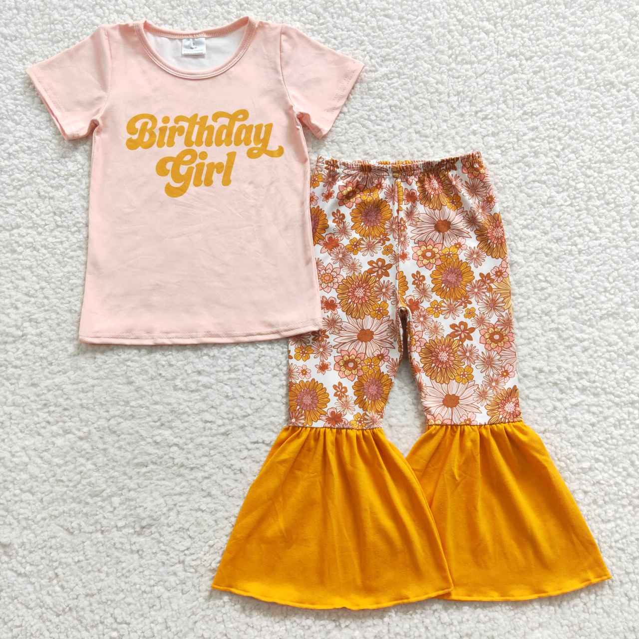 GSPO0680 Happy Birthday Orange Yellow Floral Girls Short Sleeve Pants Outfits