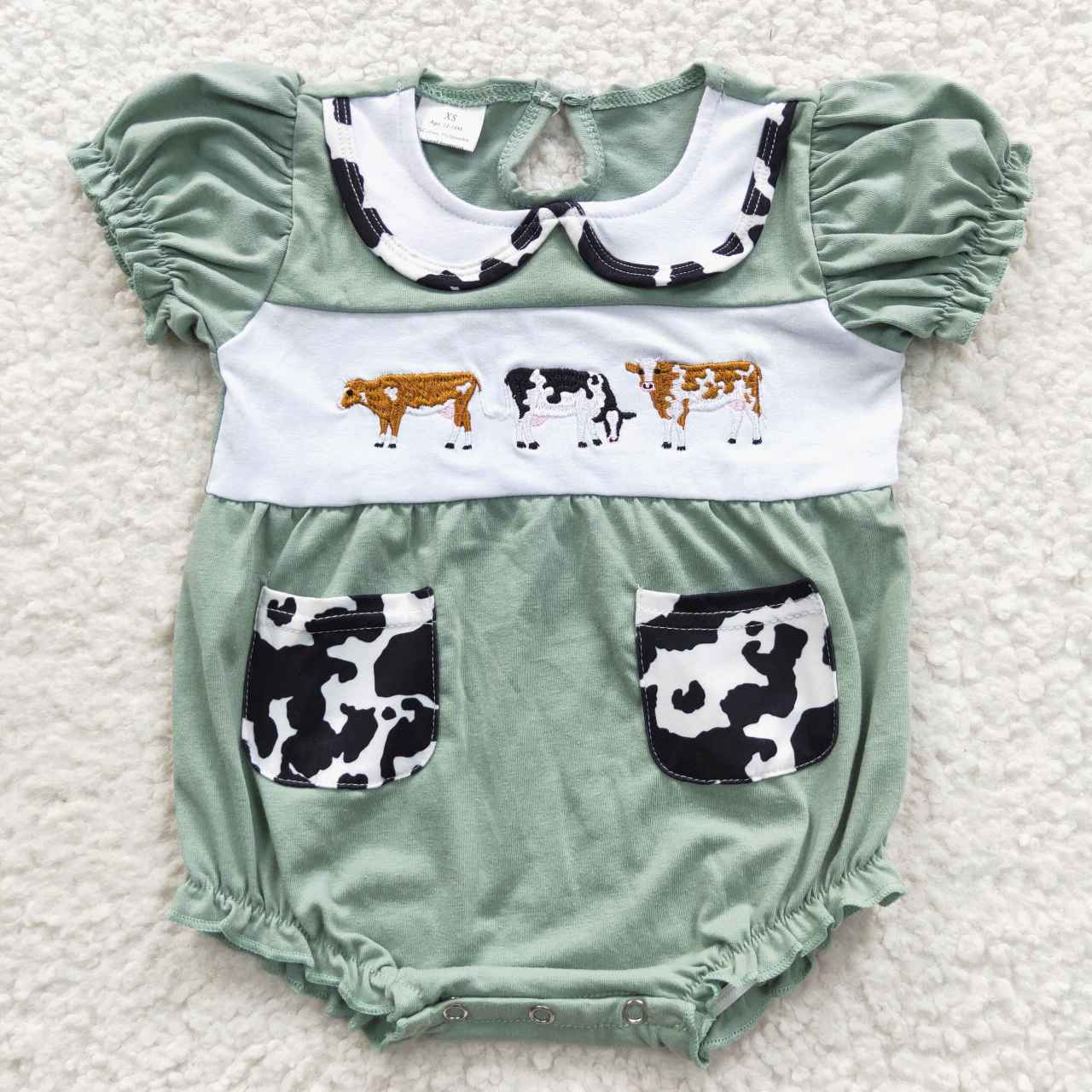 SR0373 Green Cow Print Embroidery Girls Sleeveless Romper