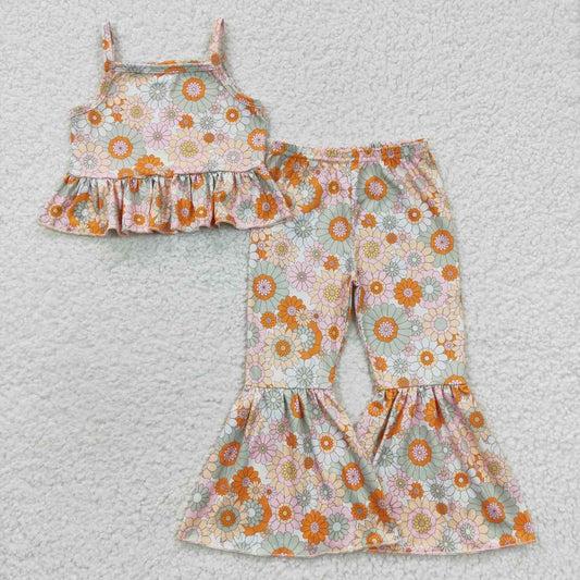 GSPO0668 Yellow Orange Floral Girls Sleeveless Bell Bottom Pants Outfits