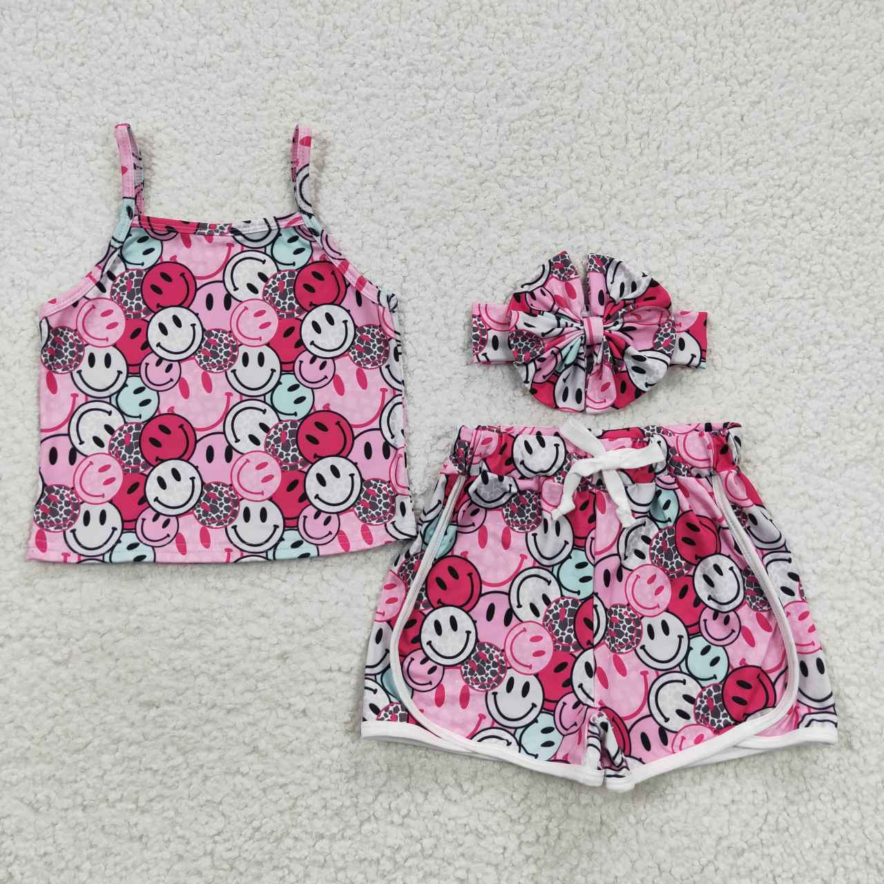 GSSO0340 Leopard Pink Emoji Smile Cartoon With Bow 3pcs Girls Short Sleeve Shorts Outfits