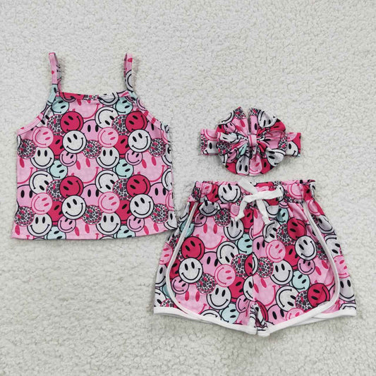 GSSO0340 Leopard Pink Emoji Smile Cartoon With Bow 3pcs Girls Short Sleeve Shorts Outfits