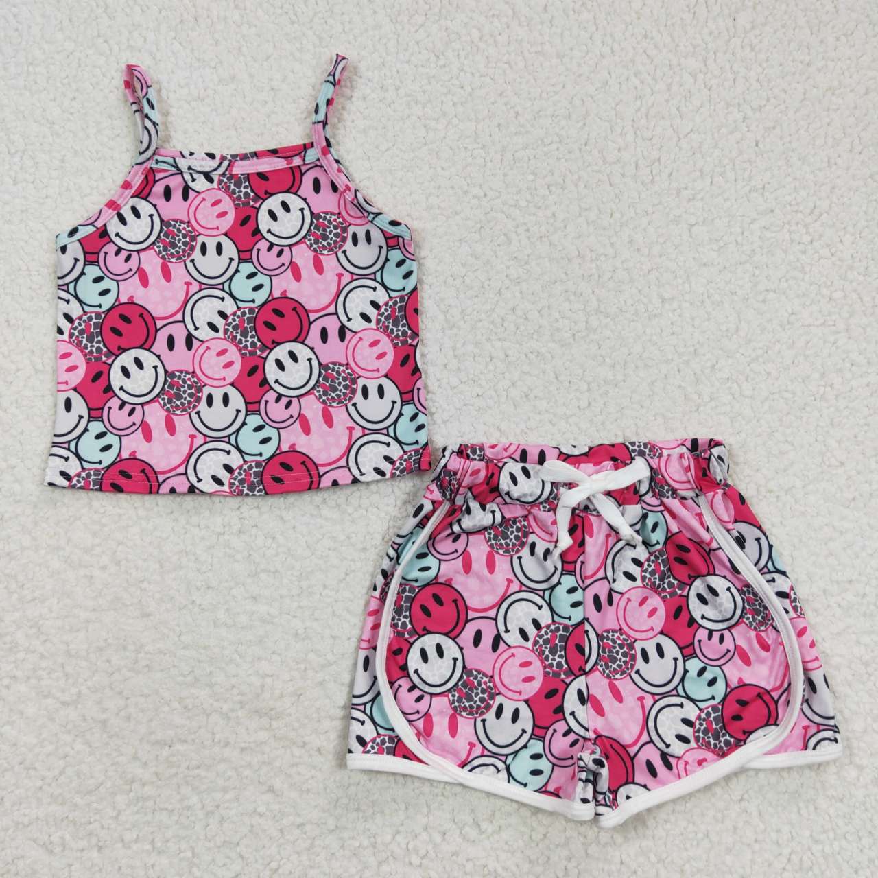 GSSO0340 Leopard Pink Emoji Smile Cartoon With Bow 3pcs Girls Short Sleeve Shorts Outfits