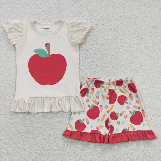 GSSO0359 Back To School Red Apple Girls Flutter Sleeve Shorts Outfits