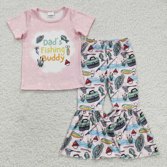 GSPO0672 Dad's Fishing Buddy Pink Girls Short Sleeve Bell Bottom Pants Outfits