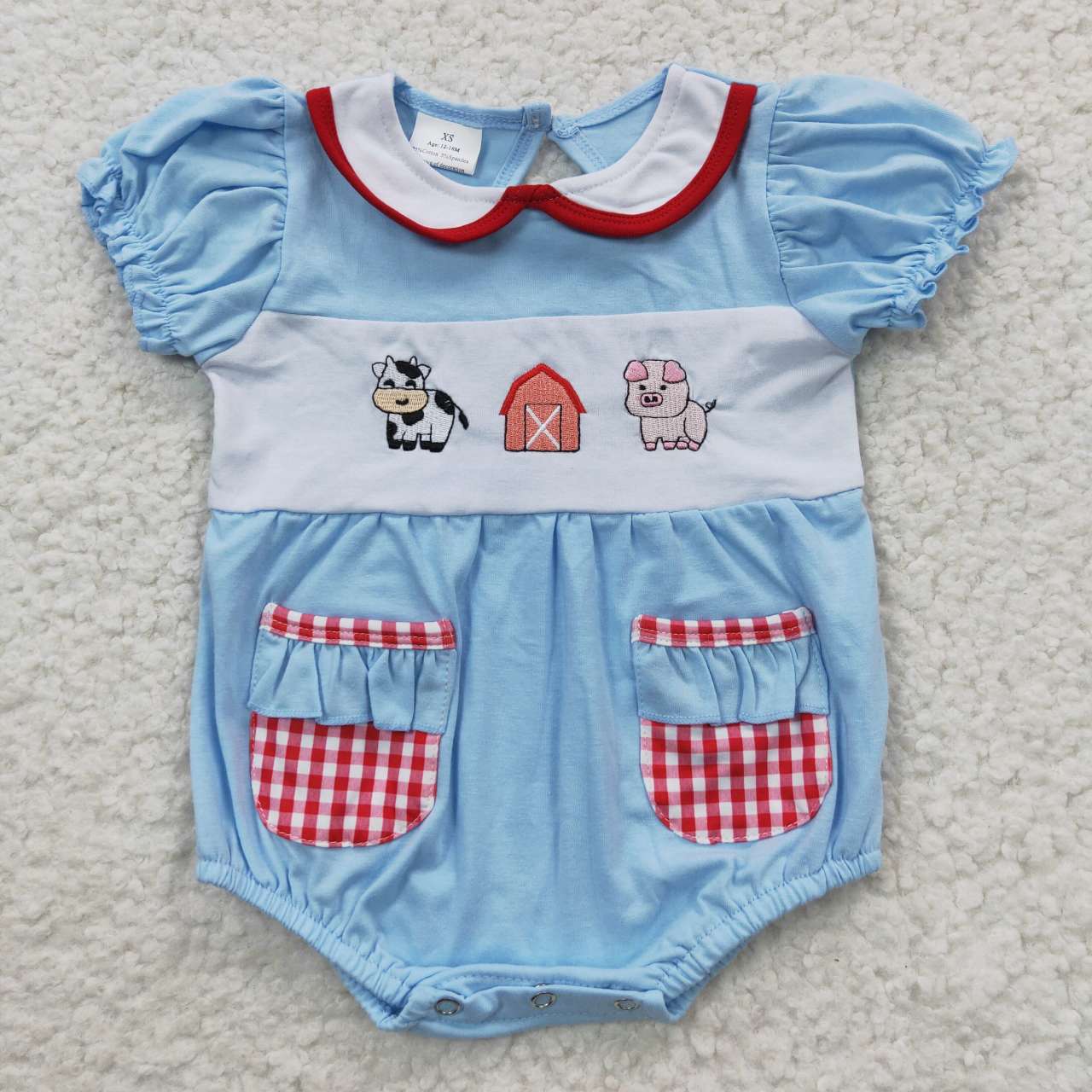 SR0263 Blue Red Plaid Farm Cow Pig Embroidery Girls Short Sleeve Romper