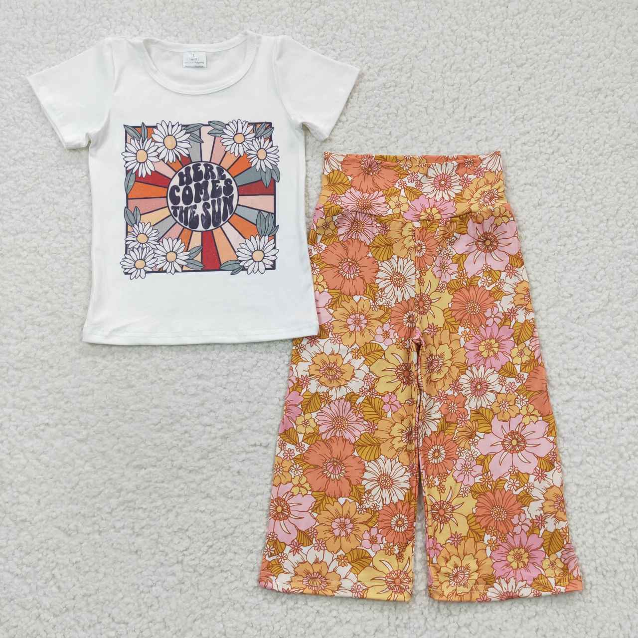 GSPO0700 Yellow Floral Sunflower Girls Short Sleeve Pants Outfits