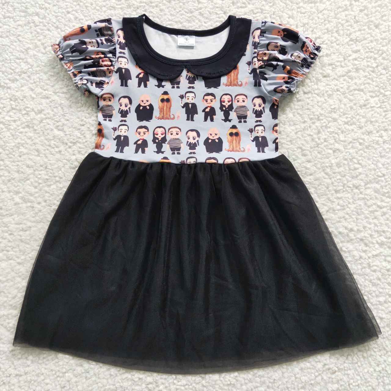 GSD0397 Halloween Orange Black Ghost Tulle Tutu Girls Short Sleeve Dresses