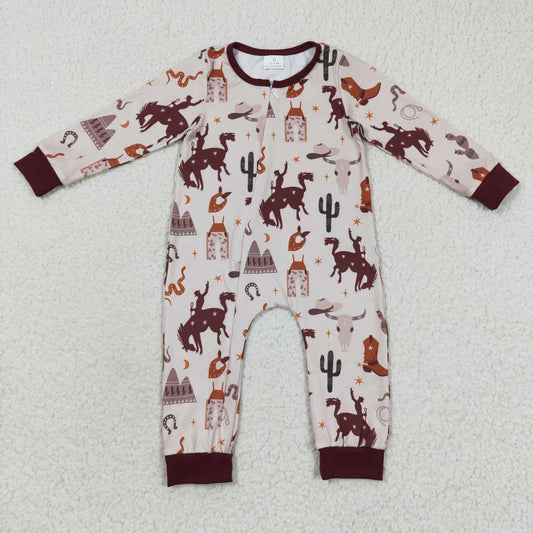 LR0344 Brown Rodeo Cow Zipper Girls Long Sleeve Romper