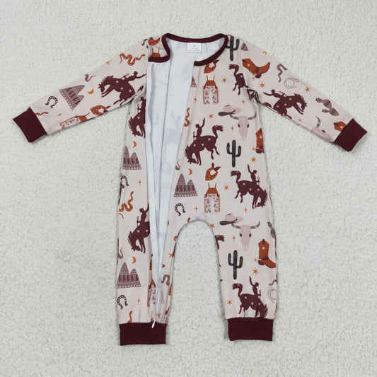 LR0344 Brown Rodeo Cow Zipper Girls Long Sleeve Romper