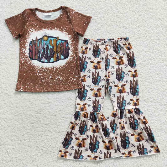 GSPO0647 Brown Cactus Western Girls Short Sleeve Pants Outfits